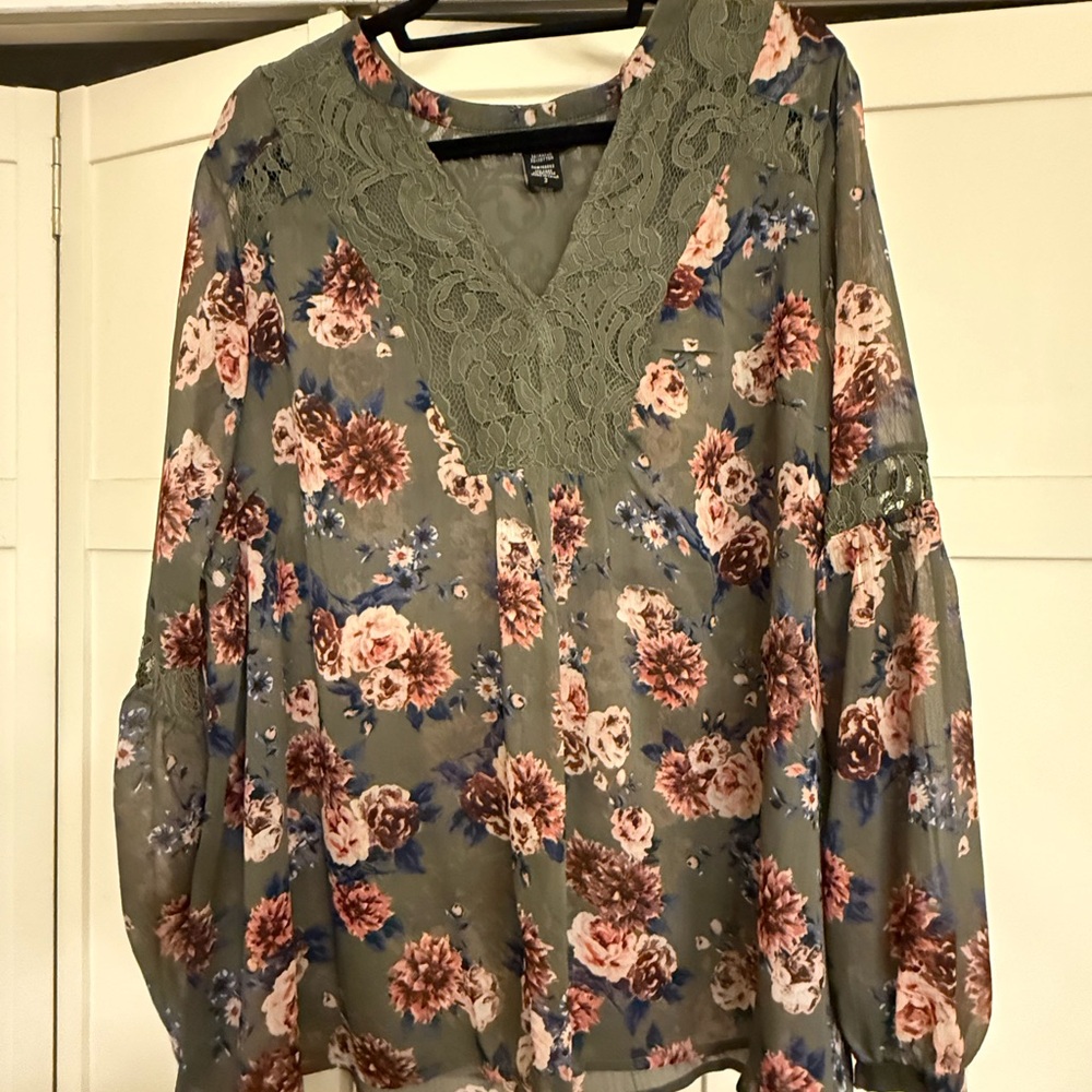 Torrid Floral Lace Blouse - Olive and Pink